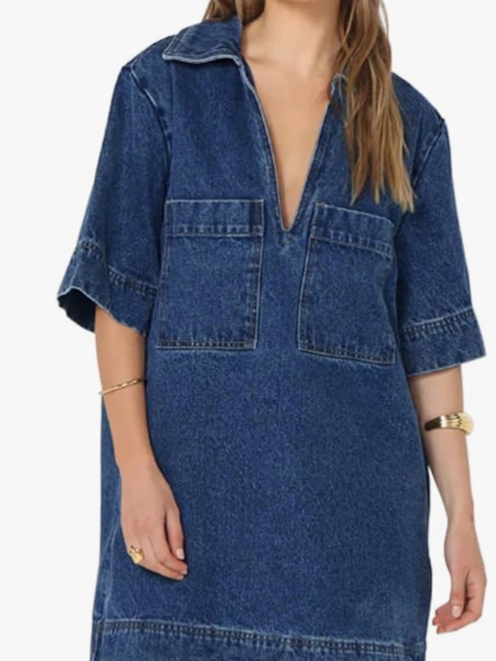 Denim Shift Dress with Front Patch Pockets